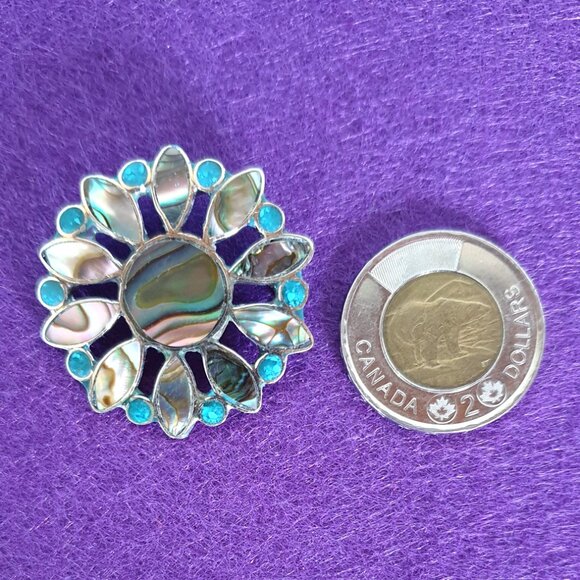 Vintage Mexican Abalone & Turquoise Inlaid Alpaca Silver Flower Brooch - Picture 7 of 11